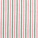 Detail of fabric in a small-scale stripe print in sage and pink on a white field.