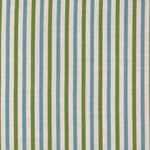 Detail of fabric in a small-scale stripe print in green and blue on a cream field.