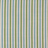 Detail of fabric in a small-scale stripe print in green and blue on a cream field.