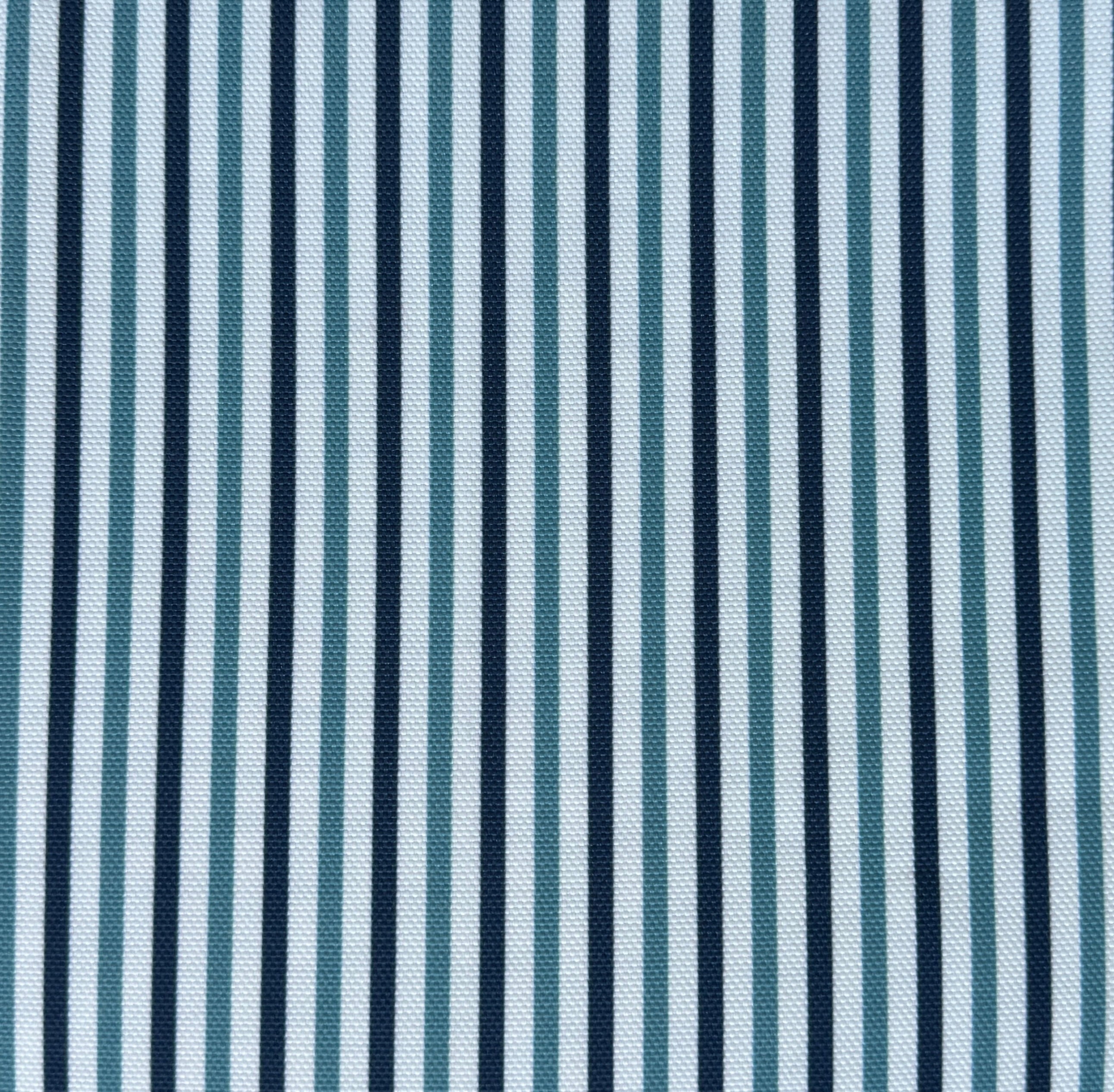 Detail of fabric in a small-scale stripe print in blue and navy on a light blue field.