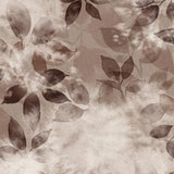 Close up detail of wallpaper in a painterly leaf print in shades of warm wine purple with a mottled white overlay.