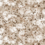 Detail of fabric in a painterly leaf print in shades of brown and beige with a mottled white overlay.