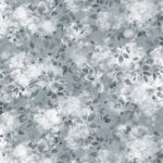 Detail of fabric in a painterly leaf print in shades of steel blue and teal with a mottled white overlay.