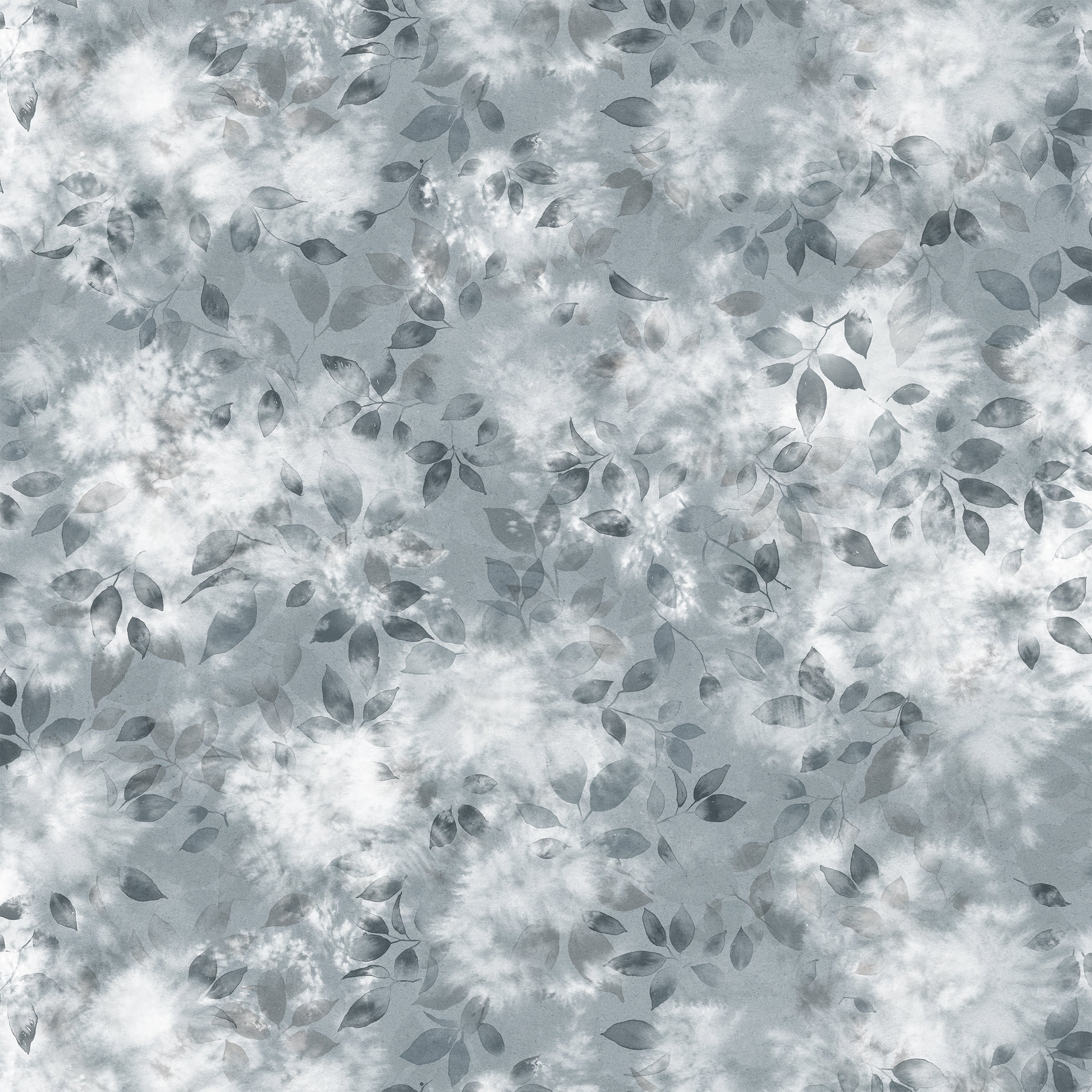 Detail of fabric in a painterly leaf print in shades of steel blue and teal with a mottled white overlay.