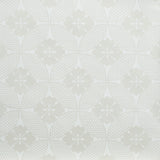 A close-up wallpaper featuring a Japanese inspired floral lattice design in ecru on white. 