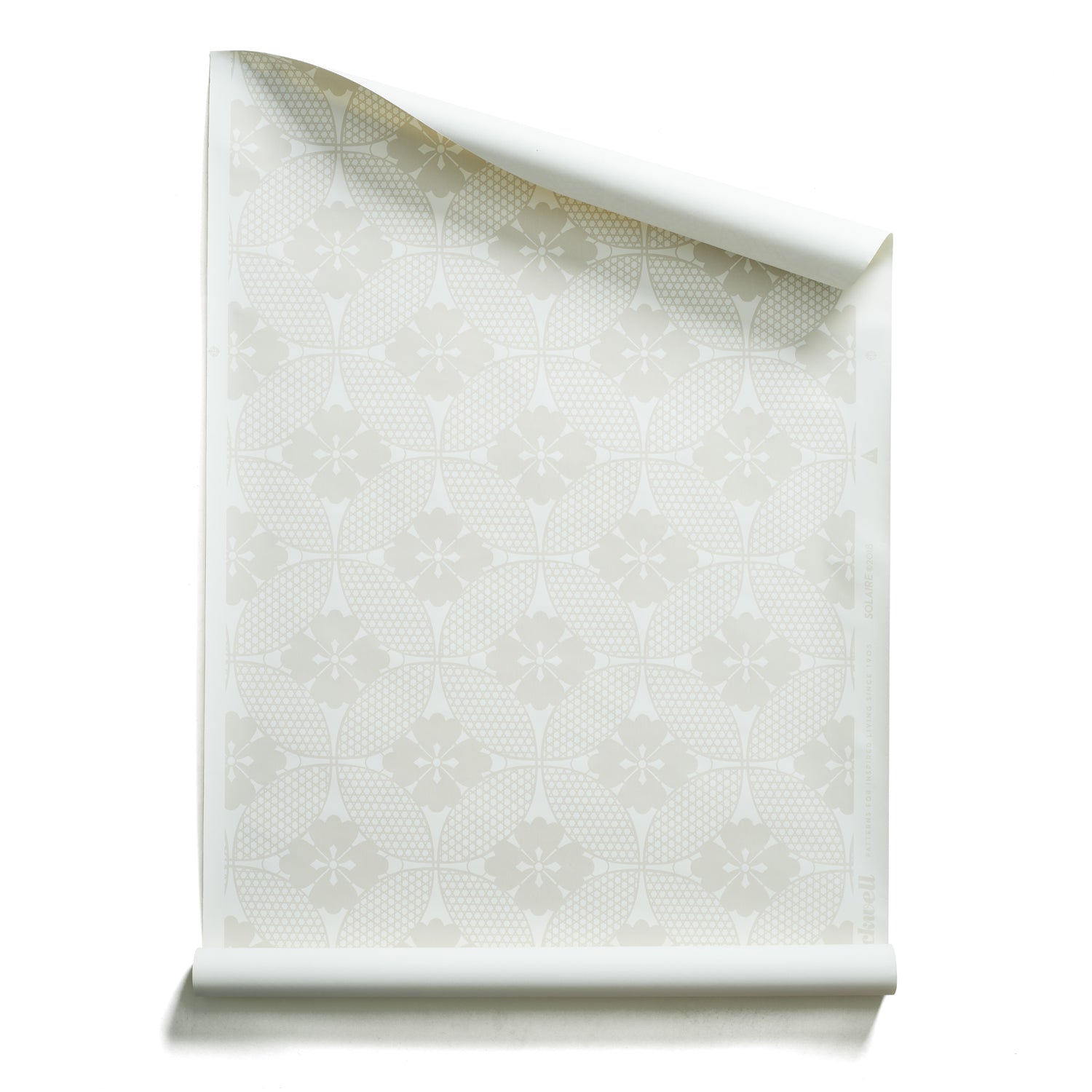 A roll of wallpaper featuring a Japanese inspired floral lattice design in ecru on white. 