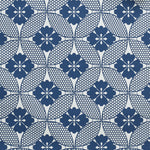 A close-up wallpaper featuring a Japanese inspired floral lattice design in navy blue on white. 