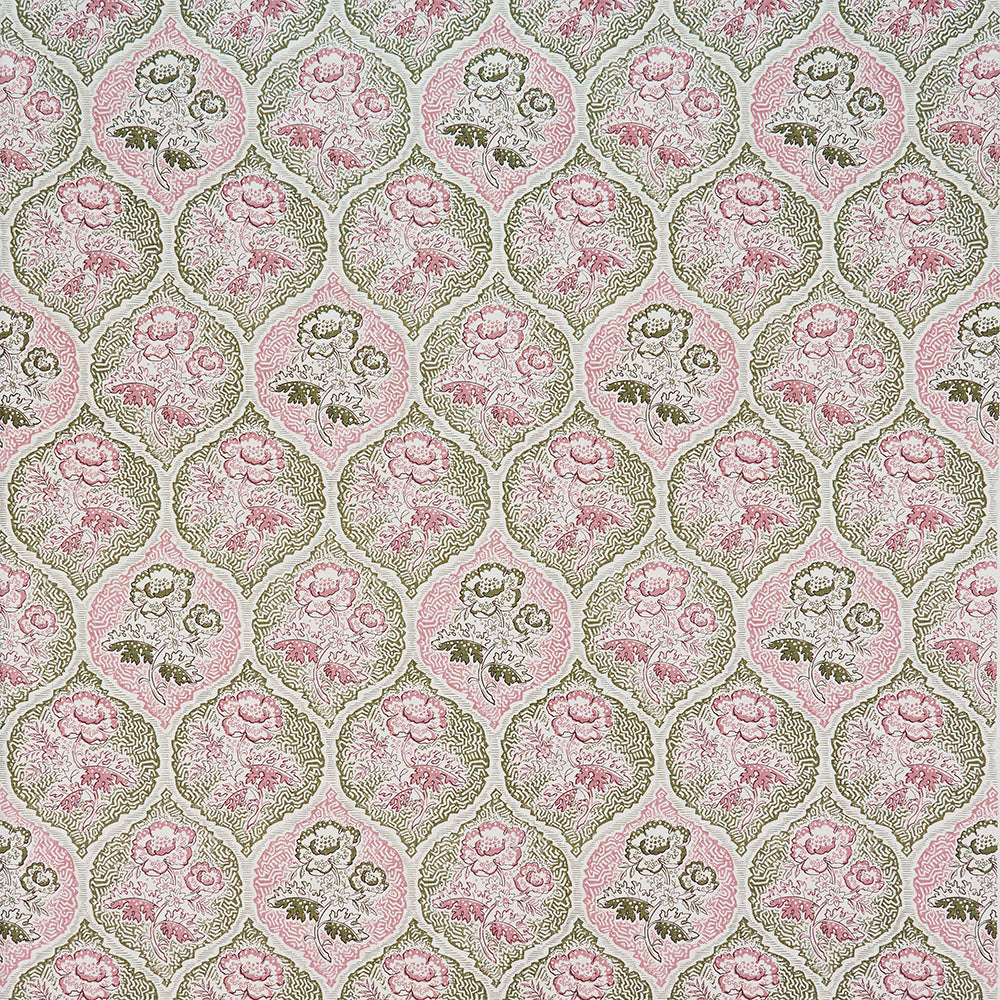 Detail of fabric in a floral damask print in shades of pink and green on a cream field.