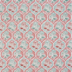 Detail of fabric in a floral damask print in shades of turquoise and red on a cream field.