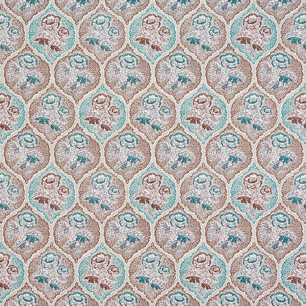 Detail of fabric in a floral damask print in shades of blue and brown on a cream field.
