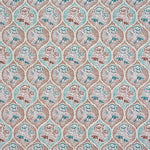 Detail of fabric in a floral damask print in shades of blue and brown on a cream field.