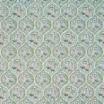 Detail of fabric in a floral damask print in shades of gray, blue and green on a cream field.