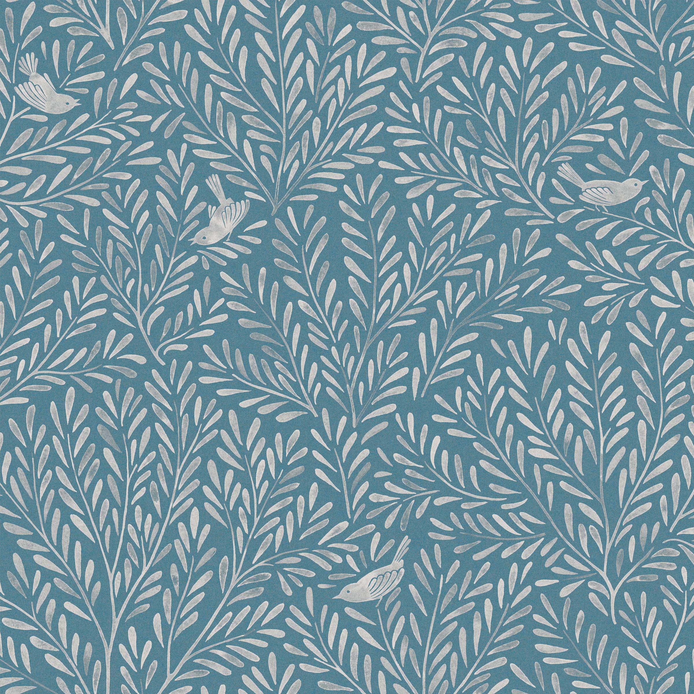Detail of fabric in a playful bird and leaf print in cream on a blue field.