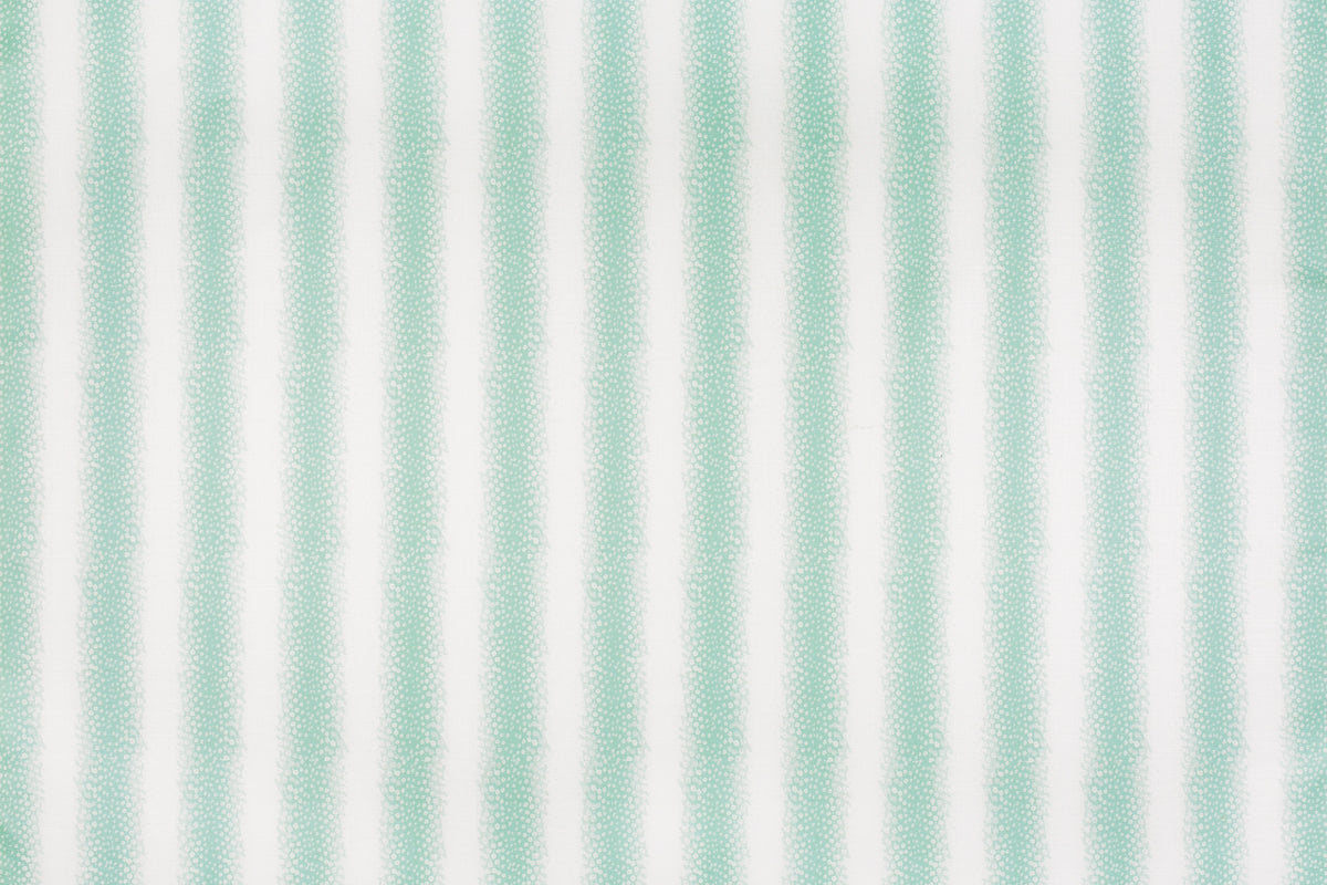 Detail of fabric in a textural speckled stripe print in turquoise and cream.