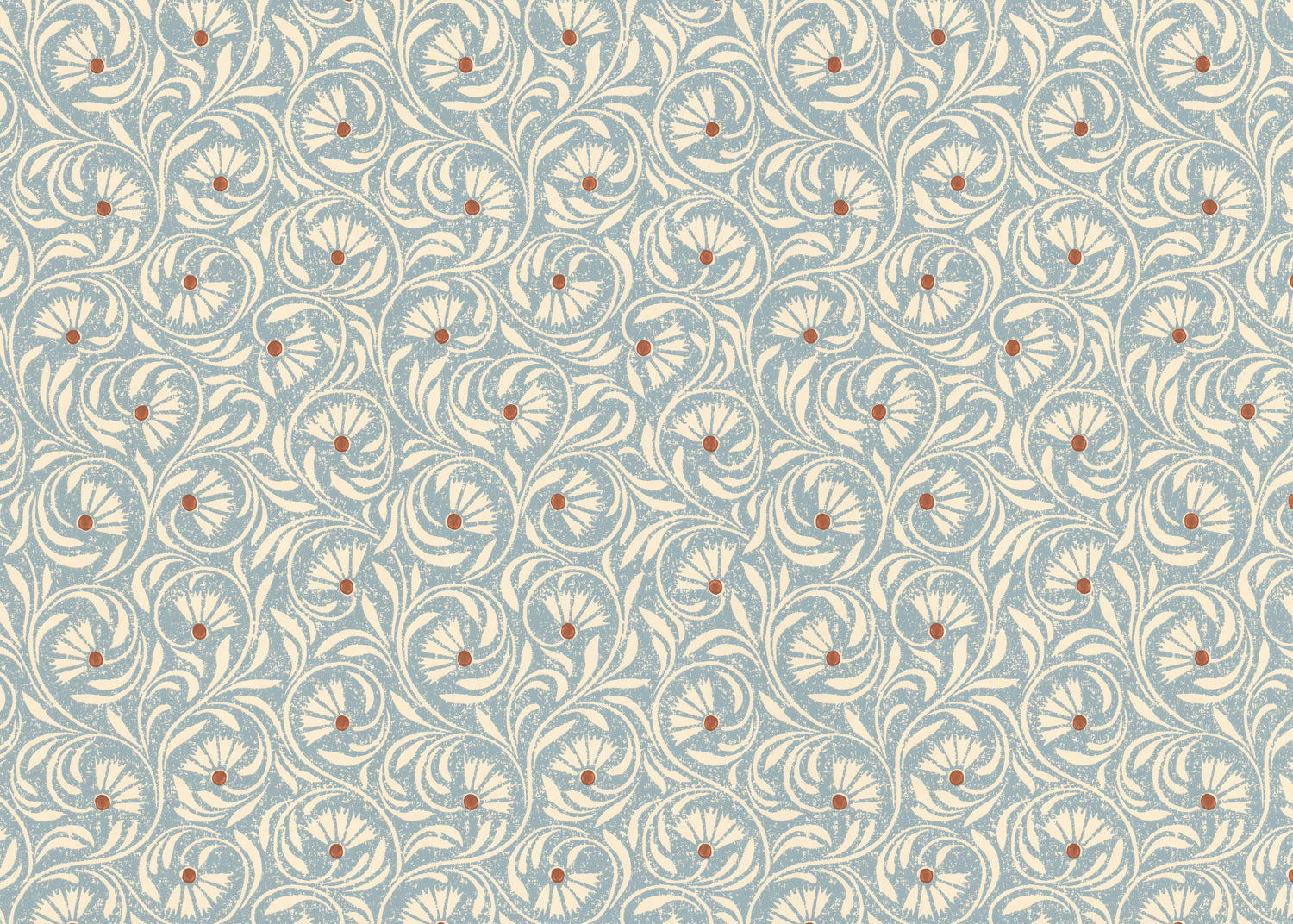 Wallpaper in a lyrical wildflower design in white with red accents on a blue field. 