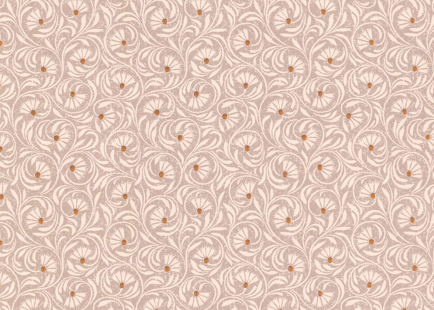 Wallpaper in a lyrical wildflower design in cream with rust accents on a lilac field. 