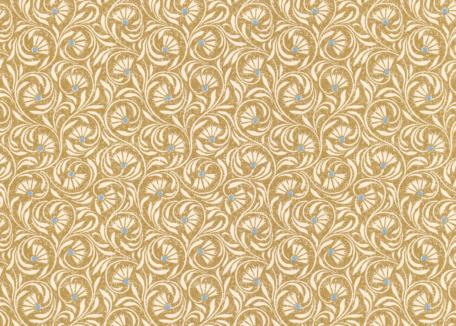 Wallpaper in a lyrical wildflower design in cream with blue accents on a tan field. 