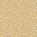Wallpaper in a lyrical wildflower design in cream with blue accents on a tan field. 
