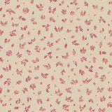 Detail of wallpaper in a minimal repeating leaf print in pink on a tan field.
