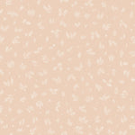 Detail of wallpaper in a minimal repeating leaf print in cream on a light pink field.
