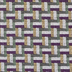 Detail of a woven stair step pattern in grey, white, tan, purple and sage green. 