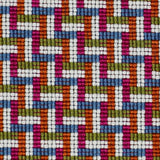 Detail of a woven stair step pattern in hot pink, chambray, orange, white and lime green.