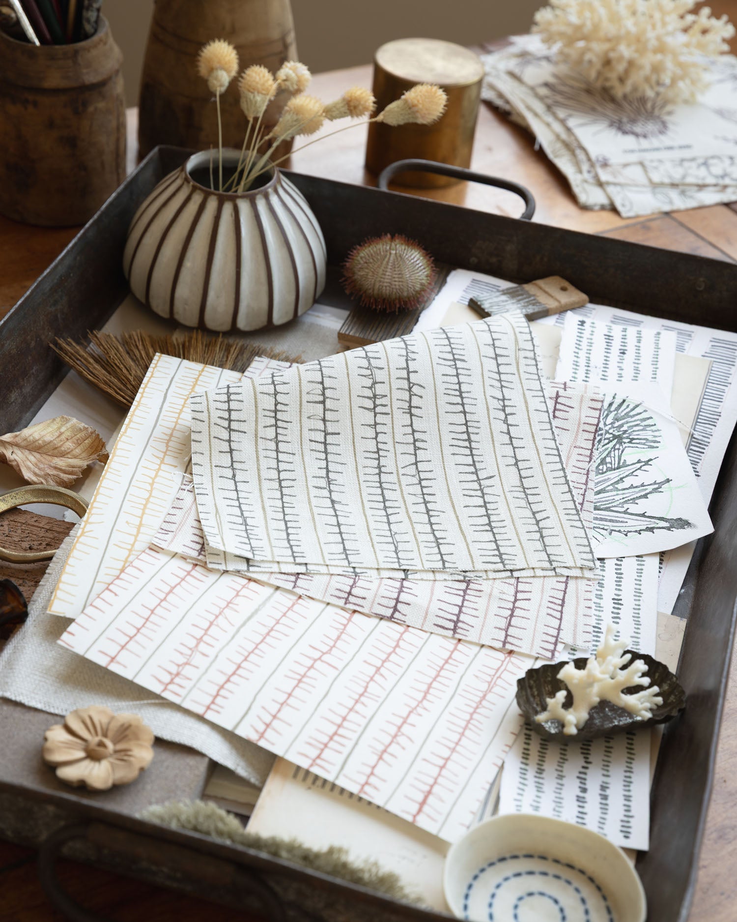 Desk scene with layered stripe fabrics and natural specimens. 