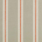 Detail of fabric in a repeating stripe print in cream and burnt orange on a tan field.