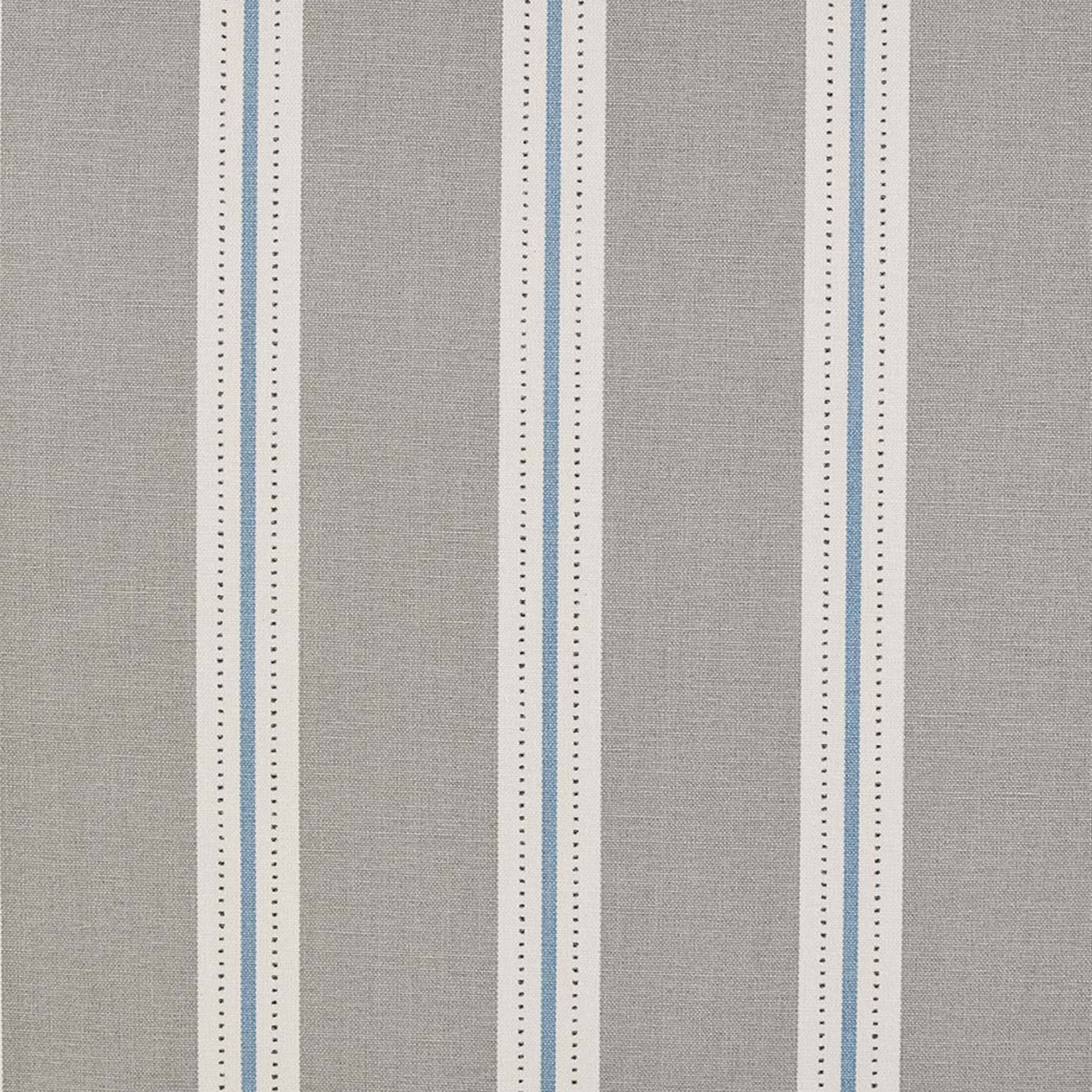 Detail of fabric in a repeating stripe print in white and light blue on a light gray field.