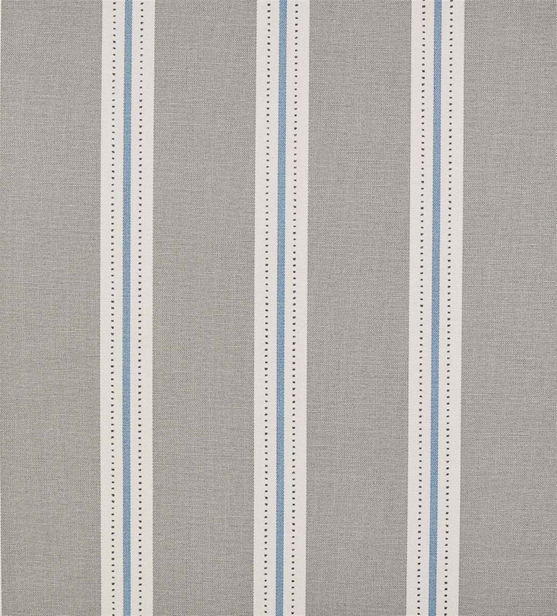Detail of fabric in a repeating stripe print in white and light blue on a light gray field.