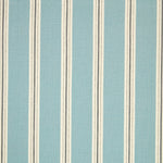Detail of fabric in a repeating stripe print in cream and gray on a light blue field.