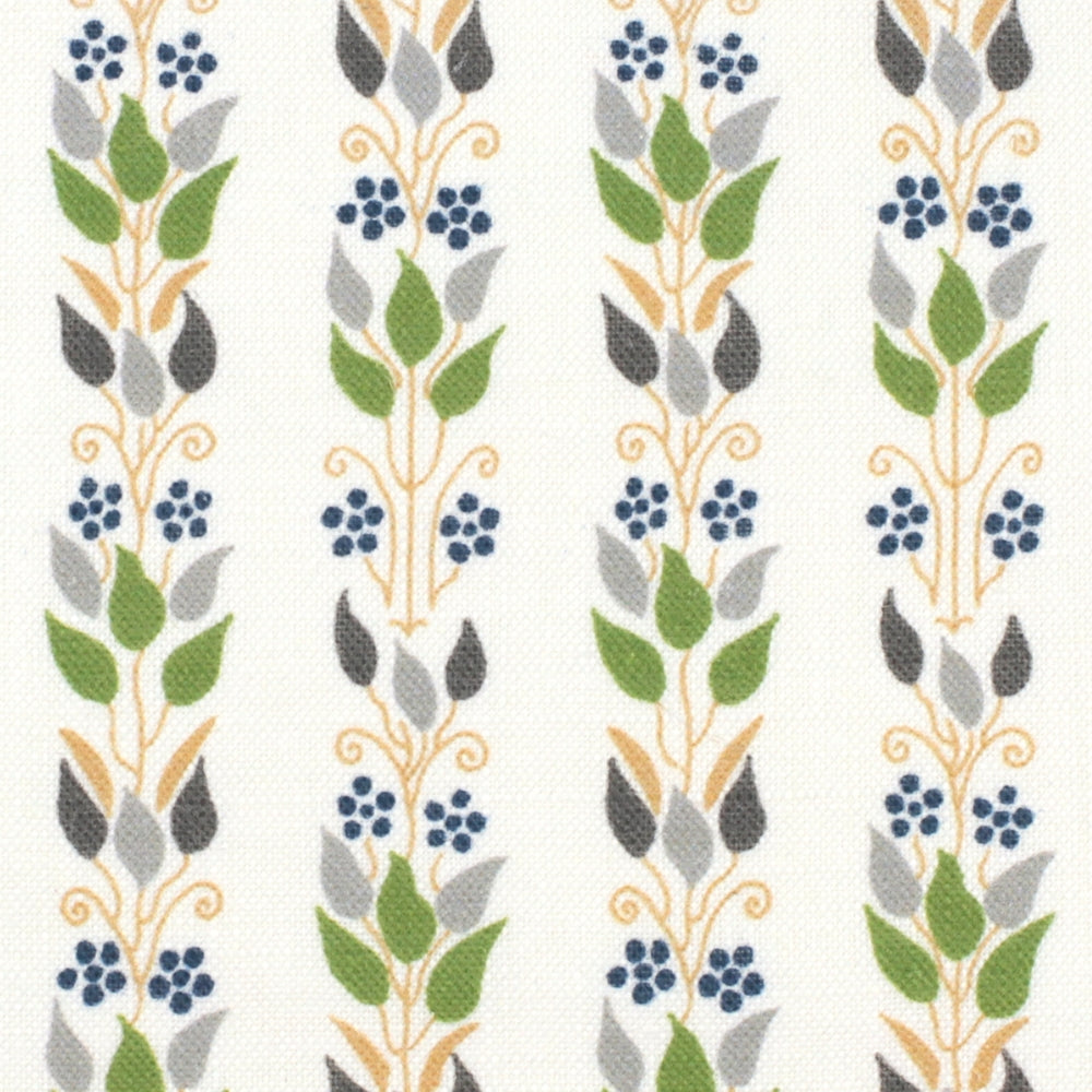 Detail of fabric in a striped botanical print in shades of yellow, gray and green on a white field.