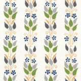 Detail of fabric in a striped botanical print in shades of yellow, gray and green on a white field.