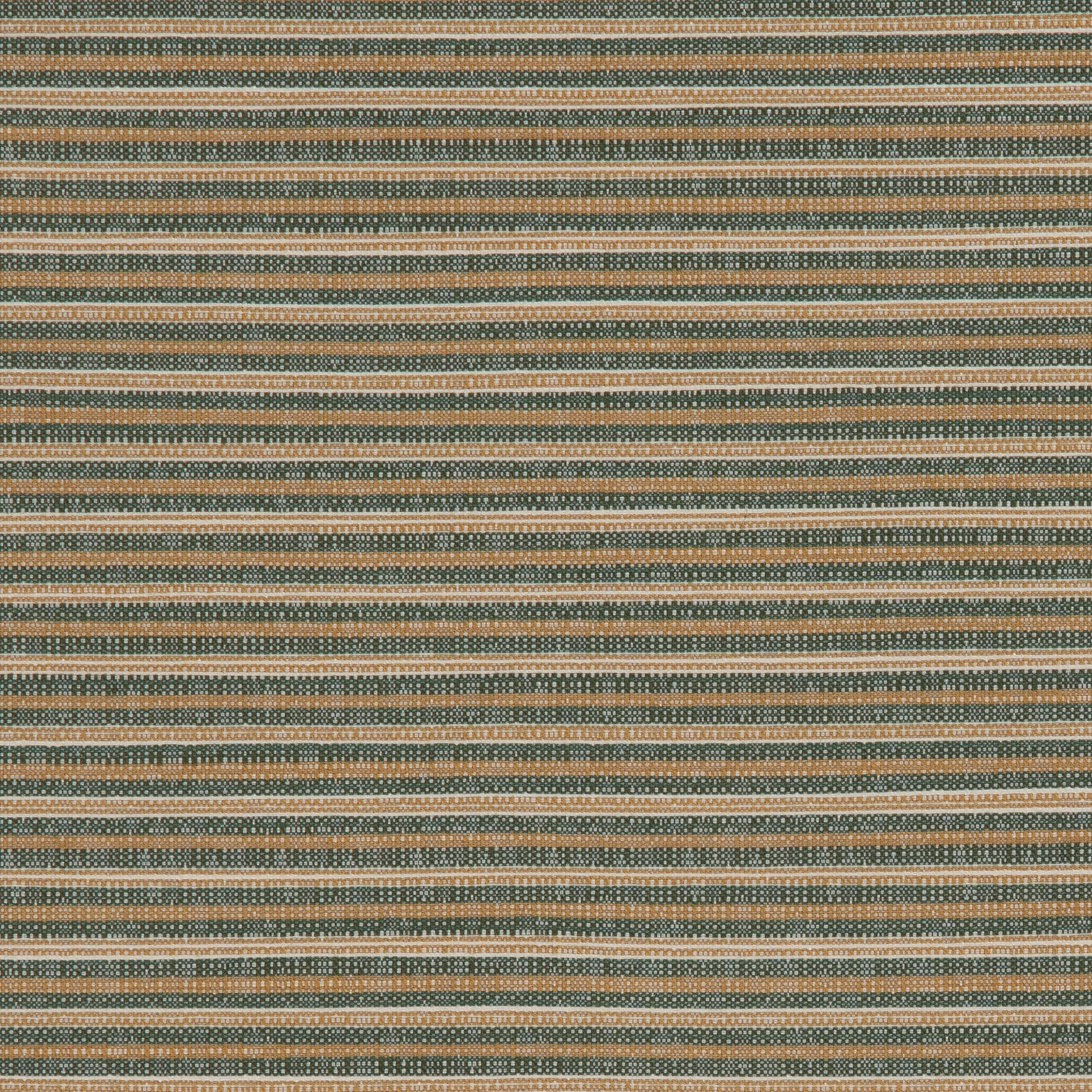 Detail of a woven outdoor fabric in a subtle stripe design in green and tan.