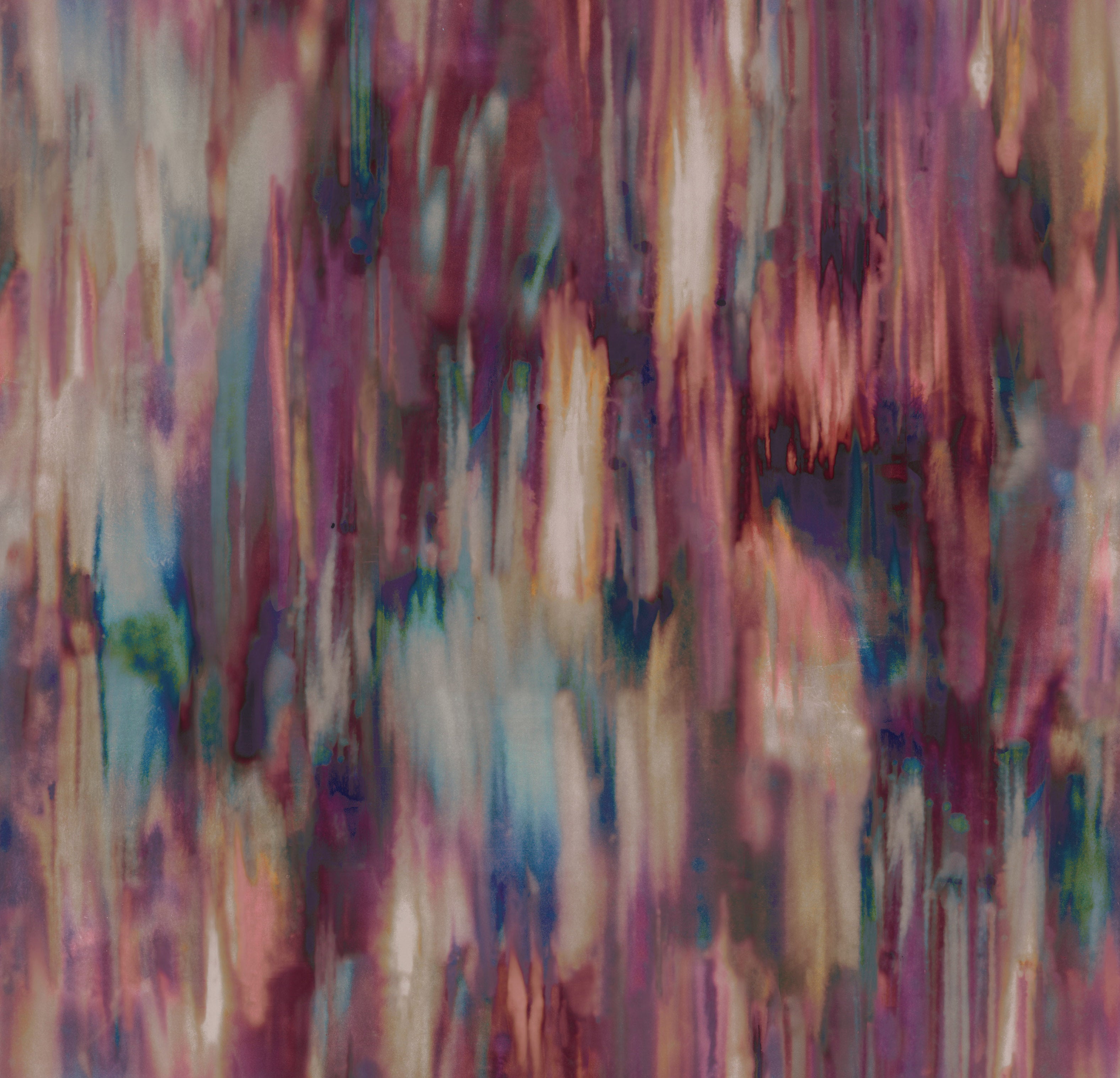 Detail of fabric in an abstract painterly print in shades of pink, purple, blue and cream.