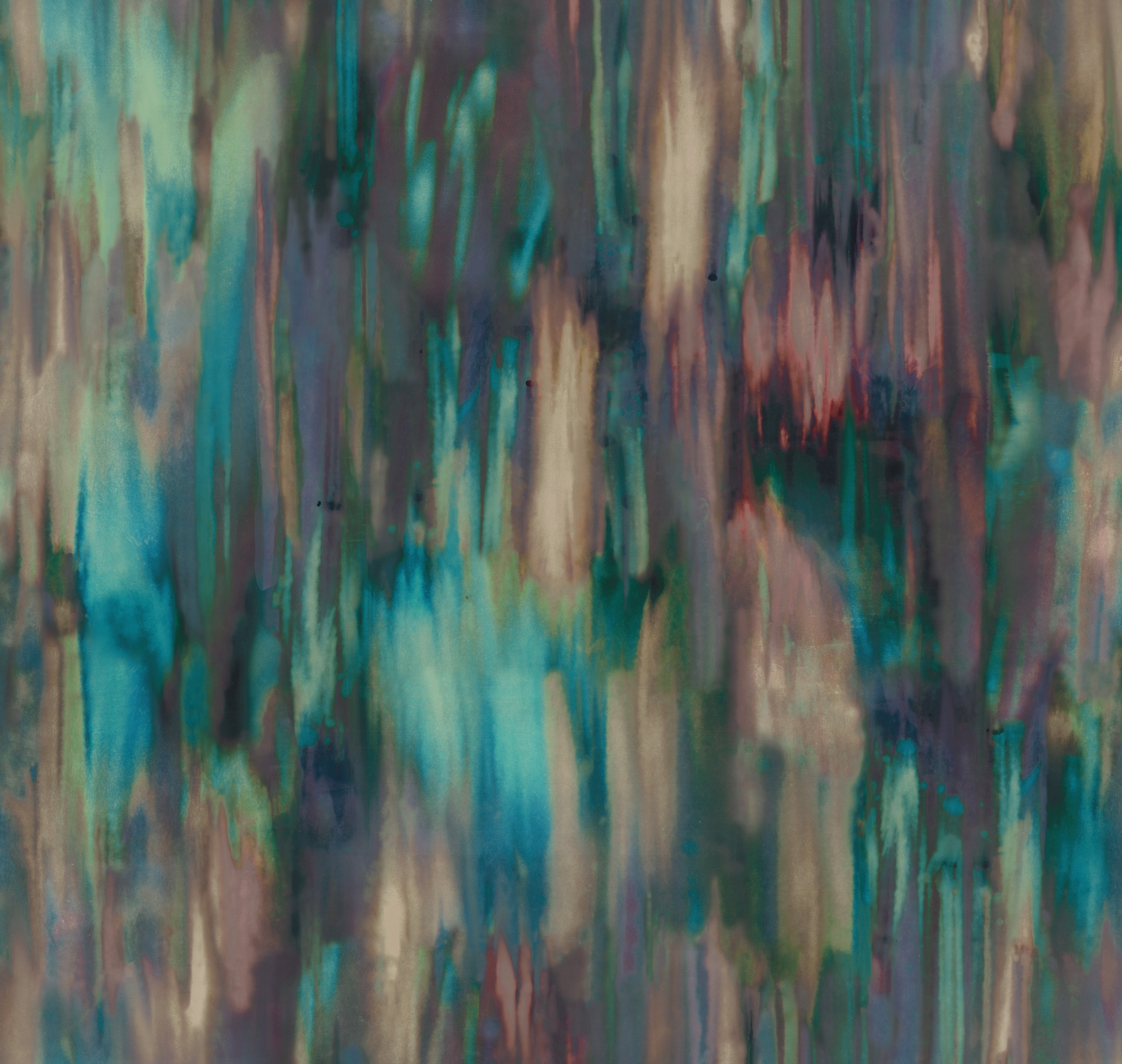 Detail of fabric in an abstract painterly print in shades of purple, turquoise and tan.