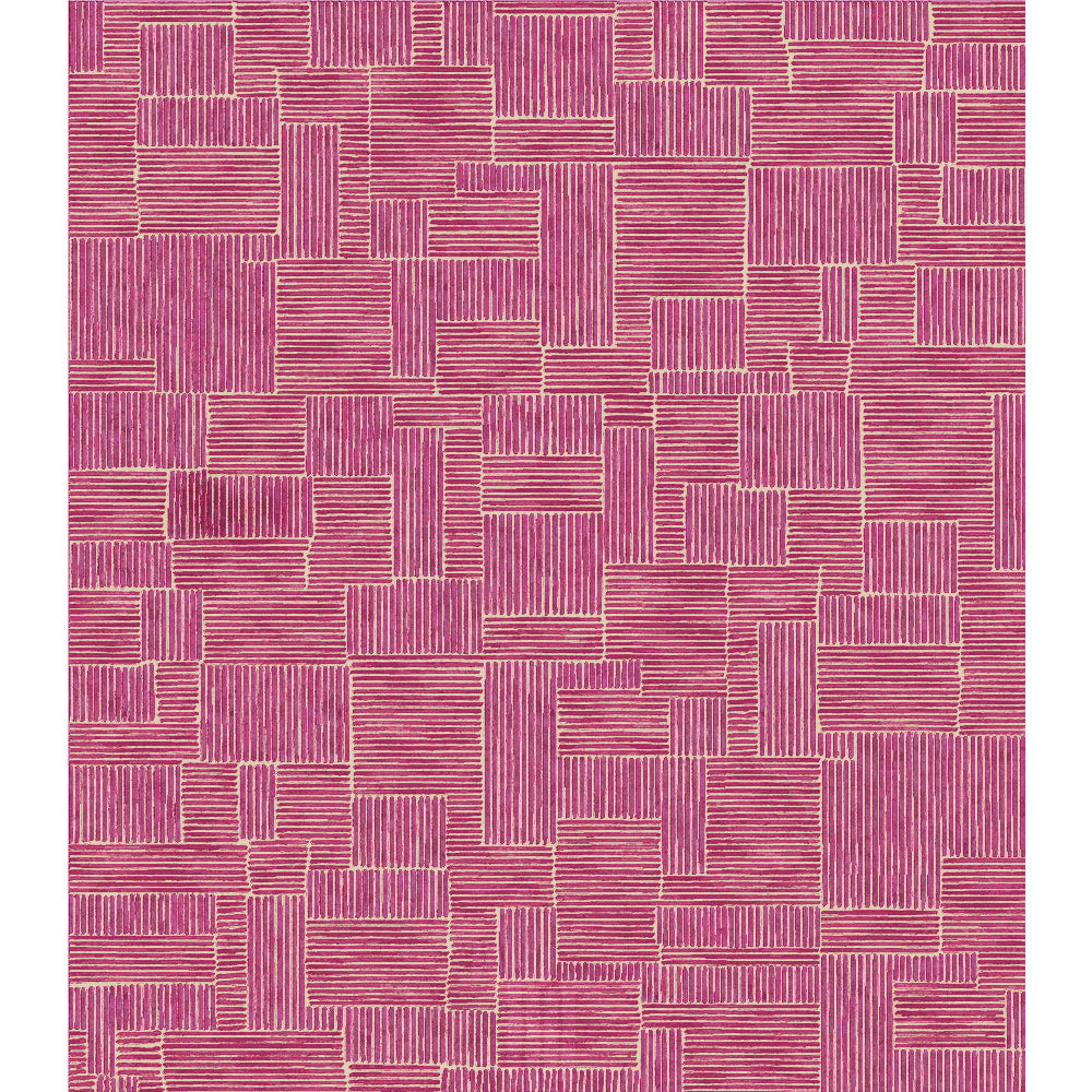 Flatweave rug rendering with linear pattern in shades of pink