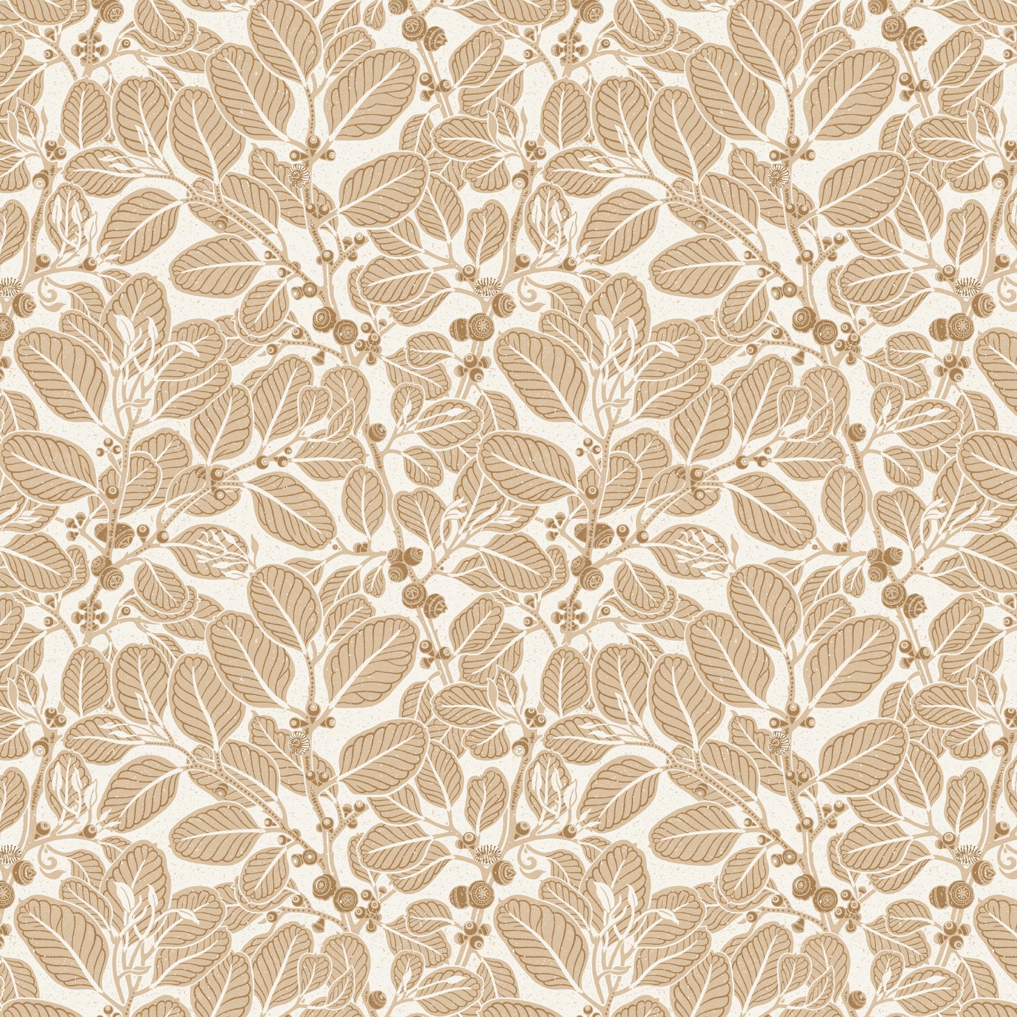 Detail of wallpaper in a dense leaf and stem print in brown on a white field.