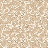 Detail of wallpaper in a dense leaf and stem print in brown on a white field.