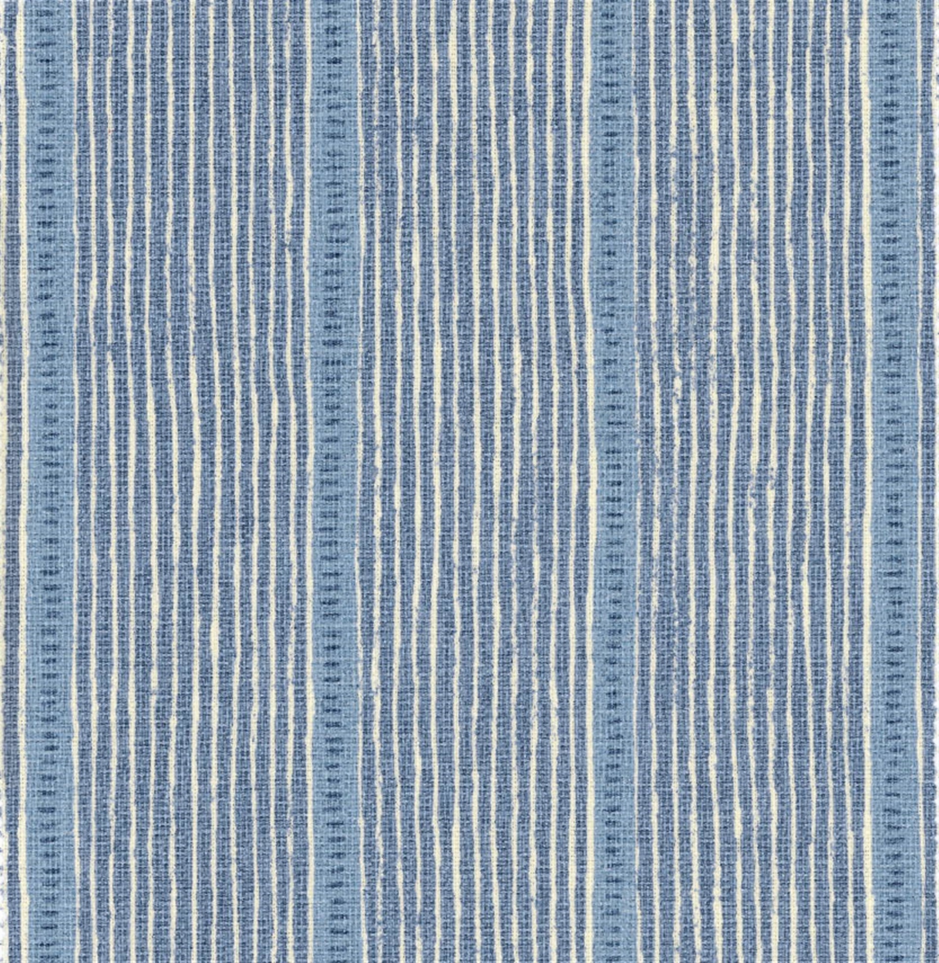 Detail of fabric in a repeating stripe and dash pattern in blue and navy on a cream field.