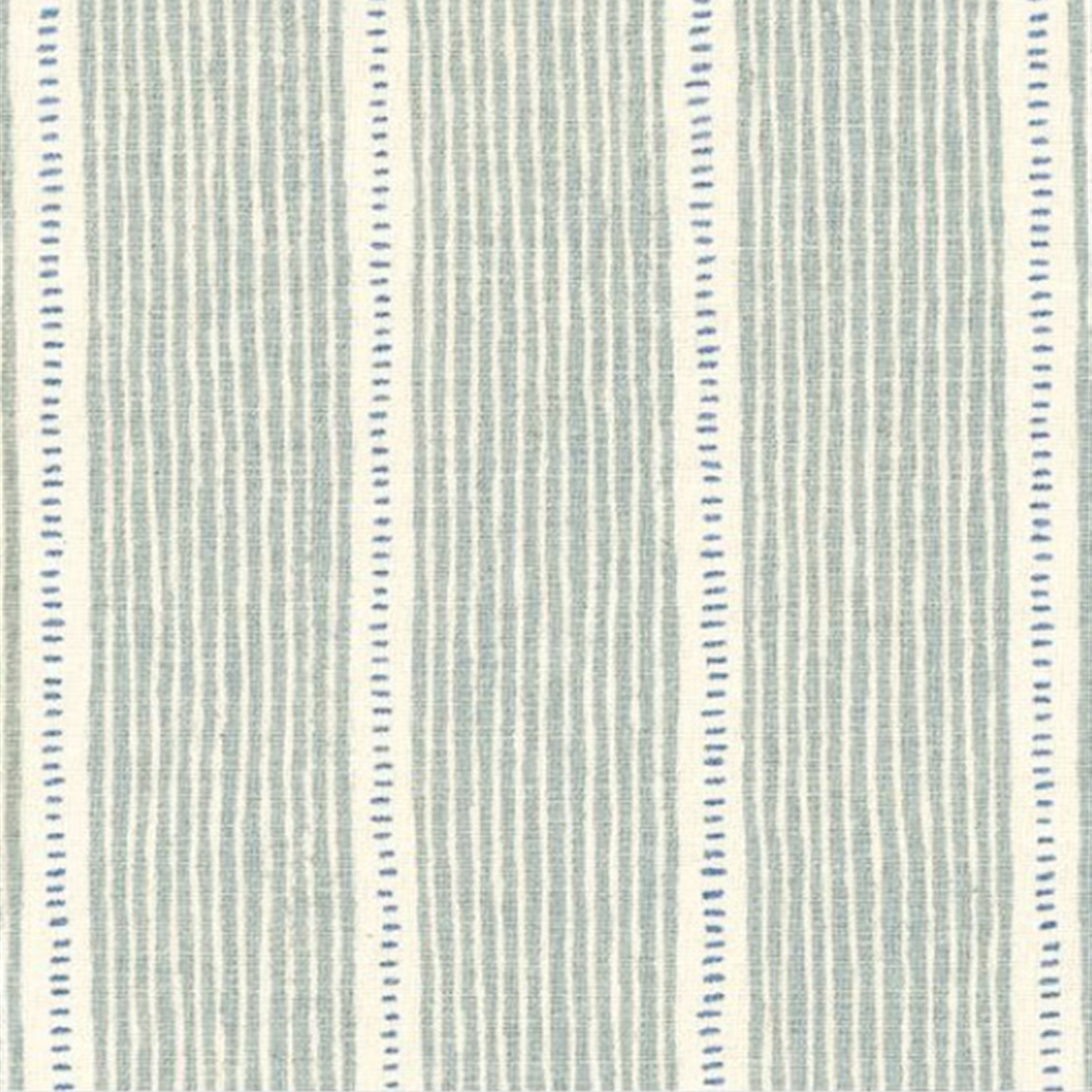 Detail of fabric in a repeating stripe and dash pattern in gray and blue on a cream field.