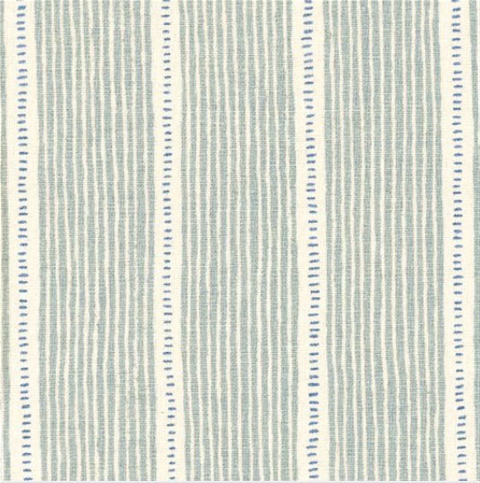 Detail of fabric in a repeating stripe and dash pattern in gray and blue on a cream field.