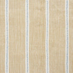 Detail of fabric in a repeating stripe and dash pattern in tan and blue on a cream field.