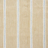 Detail of fabric in a repeating stripe and dash pattern in tan and blue on a cream field.