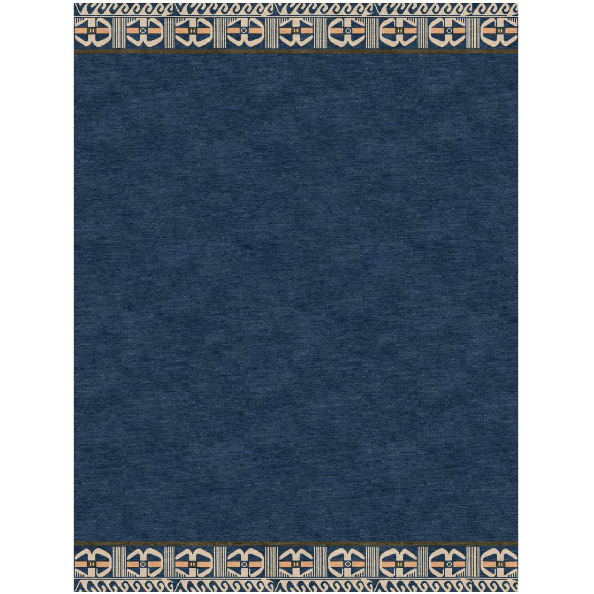 Navy blue rug with decorative border on a white background