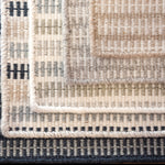 Stack of broadloom carpet samples in a ticking stripe pattern in an array of colors. 
