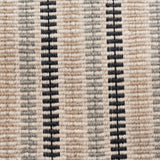 Broadloom carpet in a ticking stripe in shades of navy beige, and sage on cream.