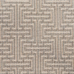 Broadloom carpet in a geometric stripe in cream and shades of taupe, sage and grey. 