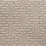 Broadloom carpet in a geometric stripe in cream and shades of taupe, sage and grey. 