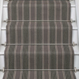 Striped flatweave runner in grey and black on white staircase